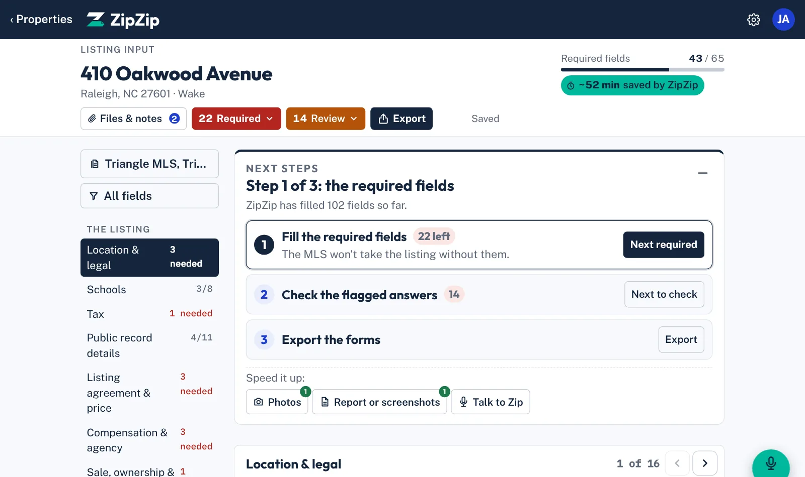 ZipZip on a laptop and a phone. The laptop shows an example property with its Next steps: fill the required fields, check the flagged answers, export the forms, plus photos, a report or Zip to speed it up. The phone shows Export, with Triangle MLS and Triad MLS ticked and a Fill selected forms button.